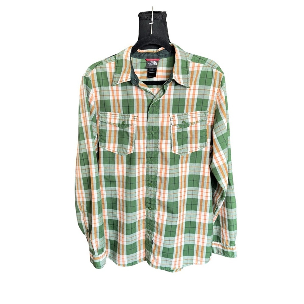 The North Face Plaid Snap Down Shirt Mens Large Green Orange Outdoor Gorpcore